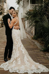 BMbridal Halter Sleeveless Mermaid Wedding Dress With Applqiues Boho Bridal Gown